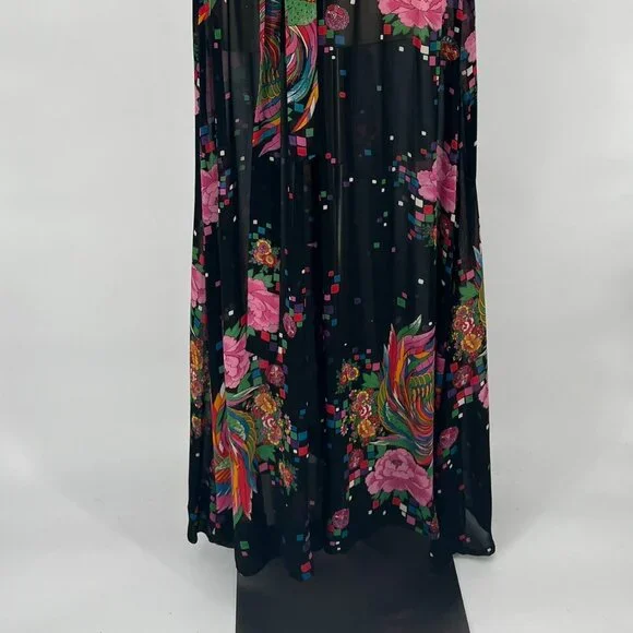 VINTAGE Malcolm Starr Black and Floral Rayon Sheer Dress